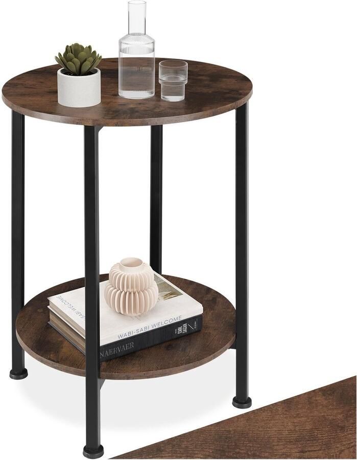 Tectake Ronde Bijzettafel van Hout en Metaal Industrieel Design Salontafel met 2 Planken Voor Woonkamer Slaapkamer Diameter 45 x 64 cm Zwart Metalen Frame (Industrieel Donkerbruin) - Foto 2