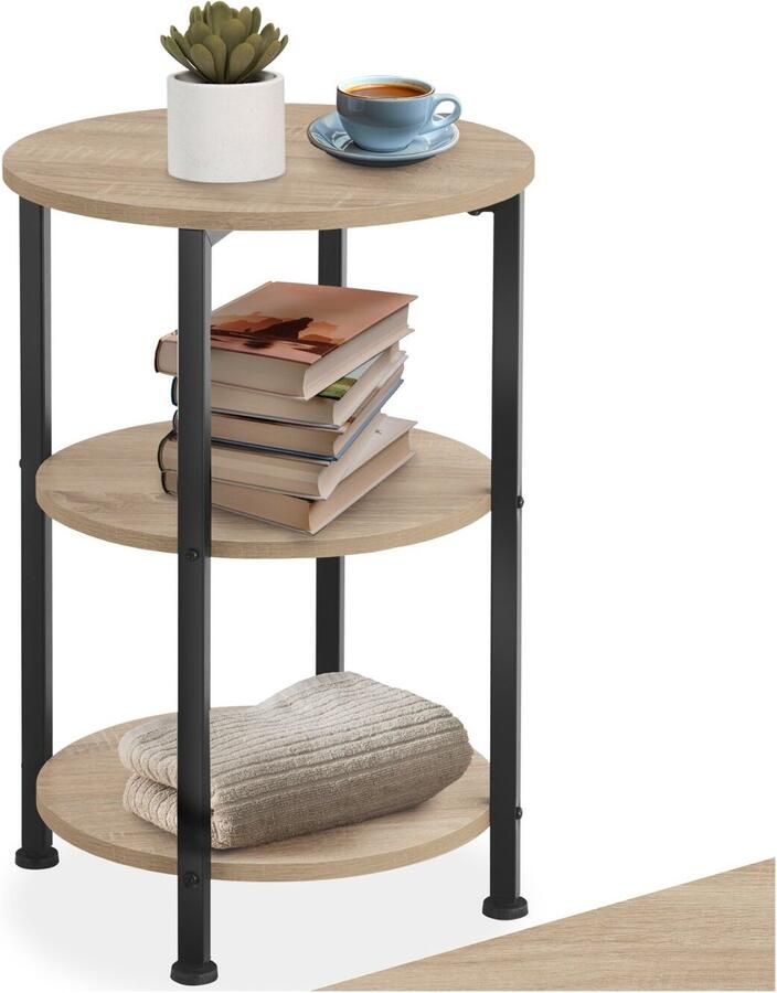 Tectake Ronde Bijzettafel van Hout en Metaal – Industrieel Design Salontafel met 3 Niveaus Ø 40x61 cm Voor Woonkamer of Slaapkamer Zwart Metalen Frame – Licht Sonoma Eiken