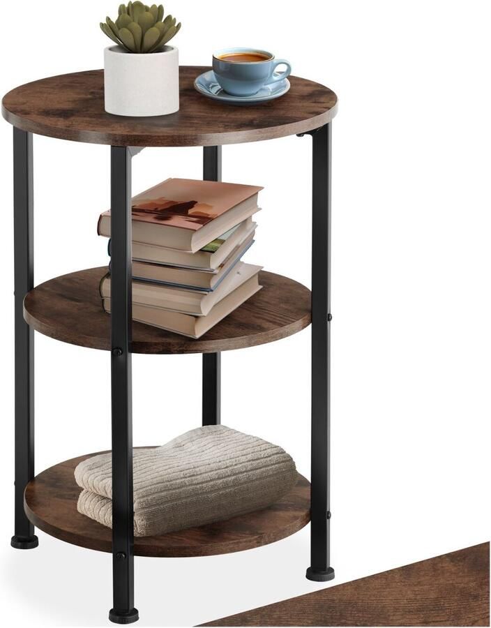 Tectake Ronde Bijzettafel van Hout en Metaal Industrieel Design Salontafel met 3 Niveaus Voor Woonkamer Slaapkamer Diameter 40 x 61 cm Zwart Metalen Frame (Industrieel Donkerbruin)