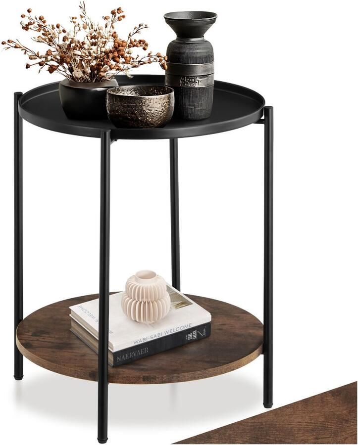 Tectake Ronde Bijzettafel van Metaal en Hout – Salontafel met 2 Niveaus Uitneembaar Dienblad Voor Woonkamer of Slaapkamer Zwart Metalen Frame – Industrial Dark Brown