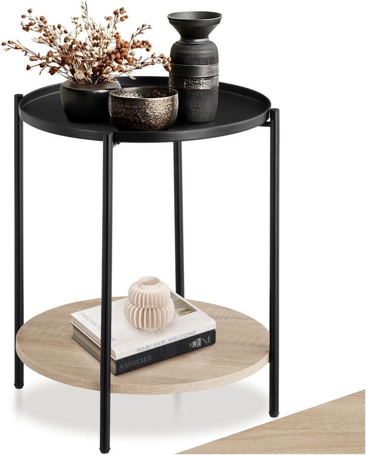 Tectake Ronde Bijzettafel van Metaal en Hout – Salontafel met 2 Niveaus Uitneembaar Dienblad Voor Woonkamer of Slaapkamer Zwart Metalen Frame – Licht Sonoma Eiken