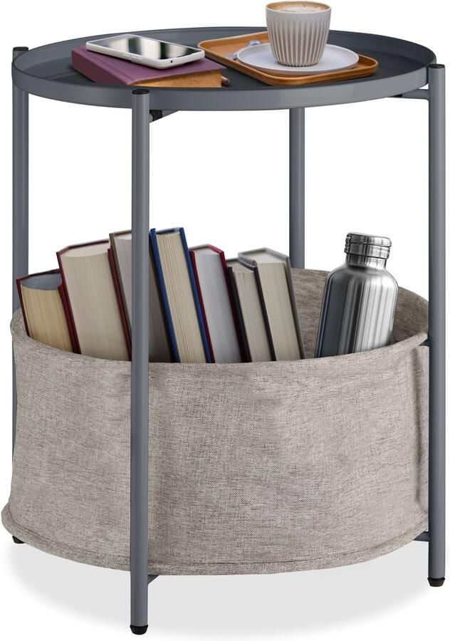 Tectake Ronde bijzettafel van metaal Kleine salontafel met afneembare dienblad en opbergmand Rustiek Delicaat design Draagkracht 40 kg Afmeting (ØxH) Ø 45 5 x H 53 cm Donkergrijs