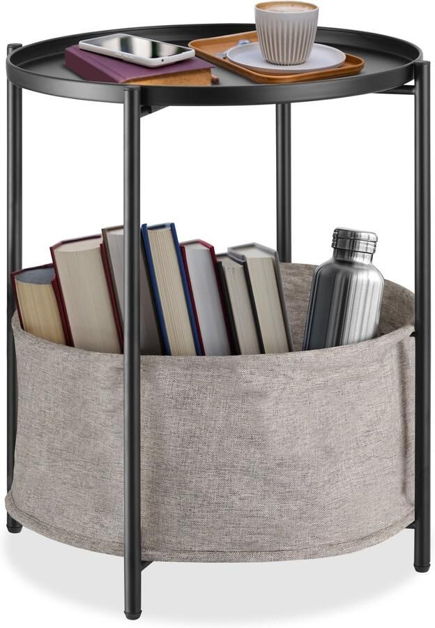 Tectake Ronde bijzettafel van metaal Kleine salontafel met afneembare dienblad en opbergmand Rustiek Delicaat design Draagkracht 40 kg Afmeting (ØxH) Ø 45 5 x H 53 cm Zwart - Foto 2