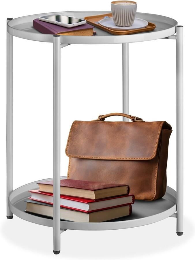 Tectake Ronde bijzettafel van metaal Kleine salontafel met twee niveaus 2 afneembare dienbladen Rustiek Delicaat design Draagkracht 60 kg Afmeting (ØxH) Ø 45 5 x H 53 cm Lichtgrijs