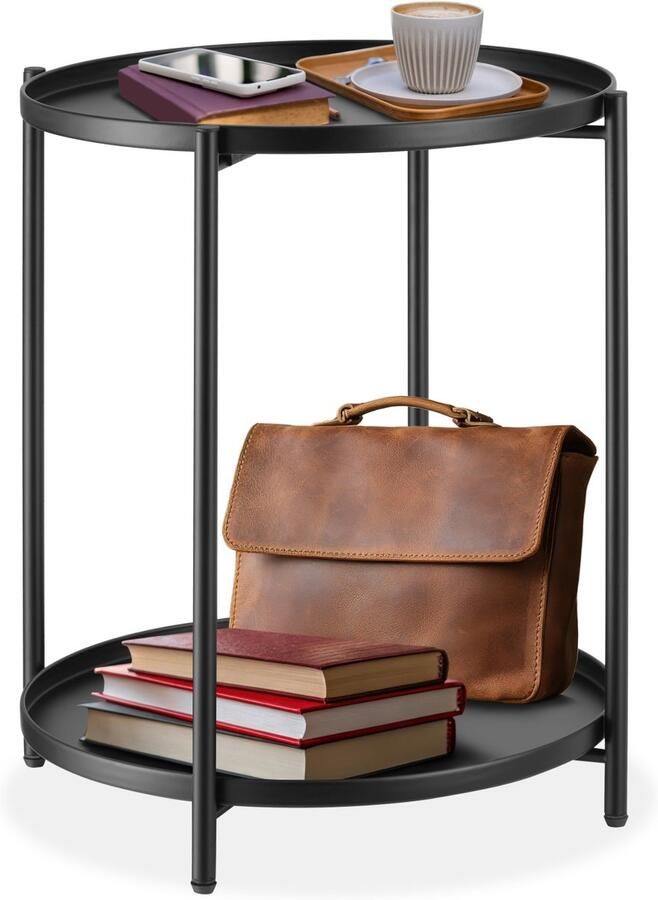 Tectake Ronde bijzettafel van metaal Kleine salontafel met twee niveaus 2 afneembare dienbladen Rustiek Delicaat design Draagkracht 60 kg Afmeting (ØxH) Ø 45 5 x H 53 cm Zwart
