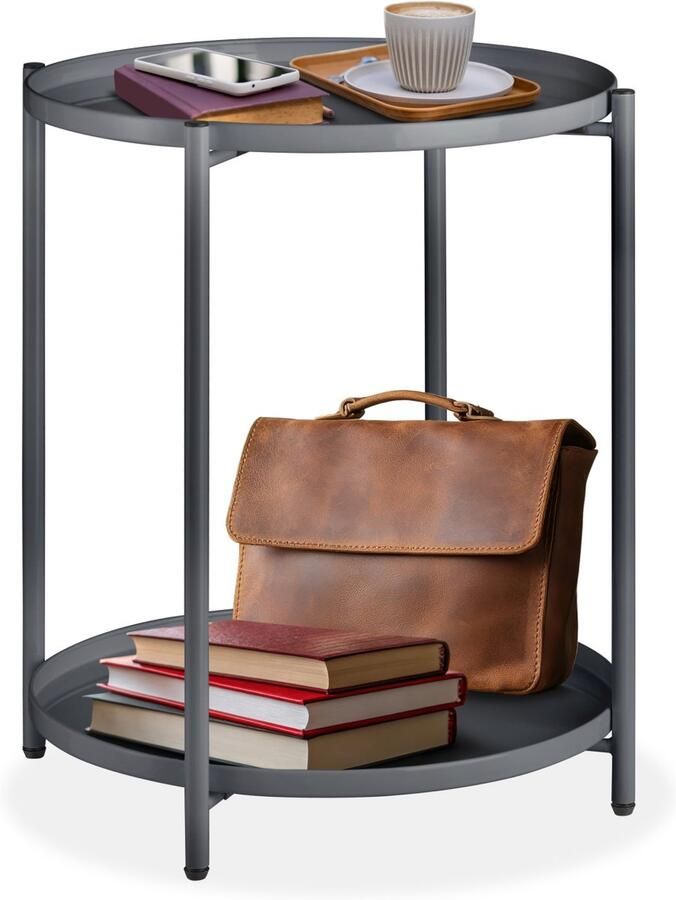 Tectake Ronde bijzettafel van metaal Kleine salontafel met twee niveaus 2 afneembare dienbladen Rustiek Delicaat design Draagkracht 60 kg Afmeting (ØxH) Ø 45 5 x H 53 cm Donkergrijs