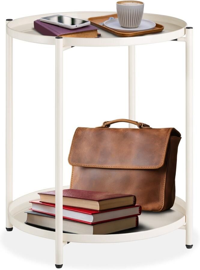 Tectake Ronde bijzettafel van metaal Kleine salontafel met twee niveaus 2 afneembare dienbladen Rustiek Delicaat design Draagkracht 60 kg Afmeting (ØxH) Ø 45 5 x H 53 cm Beige