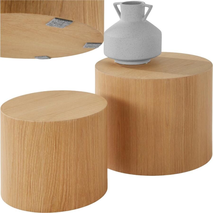 Tectake Ronde Salontafel Danny Set van Grote en Kleine Bijzettafel Ø48 x 38 en Ø38 x 32 5 cm Eikenfineer MDF Houten Salontafel Bijzettafeltjes Woonkamer Bedtafel Banktafel