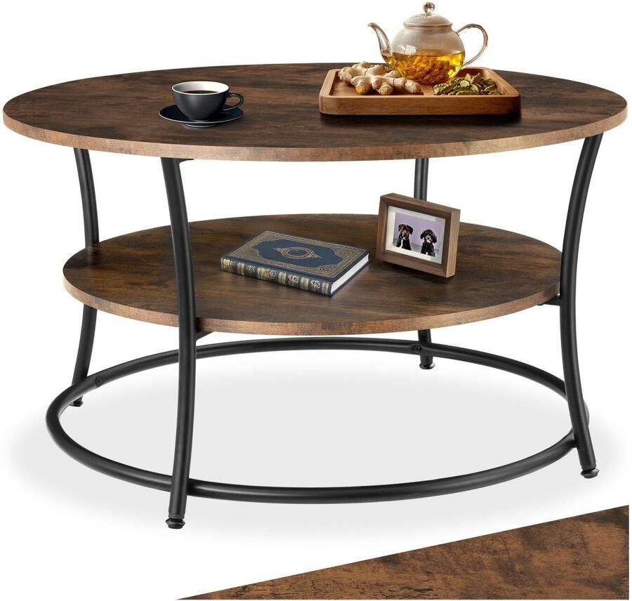 Tectake Ronde Salontafel – Woonkamertafel met 2 Legplanken Industrieel Design Ø 80x46 cm Hout en Metaal Zwart Metalen Frame – Industrial Dark Brown