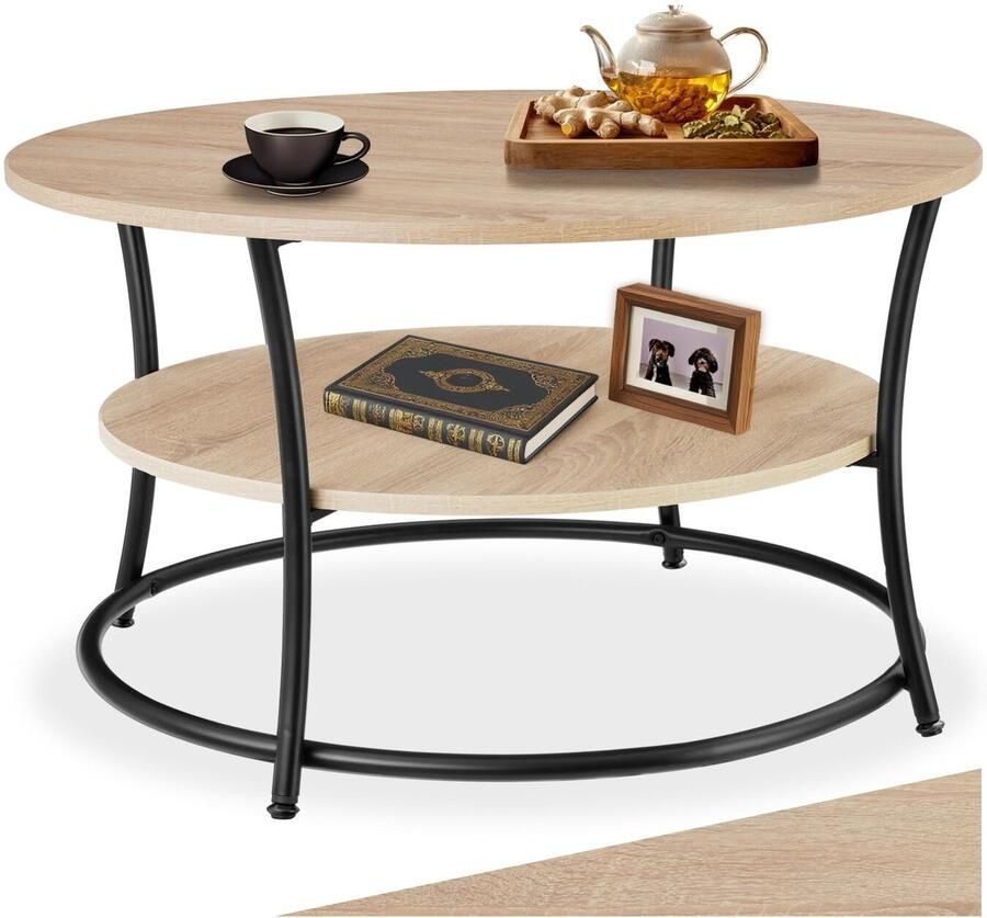 Tectake Ronde Salontafel – Woonkamertafel met 2 Legplanken Industrieel Design Ø 80x46 cm Hout en Metaal Zwart Metalen Frame – Licht Sonoma Eiken