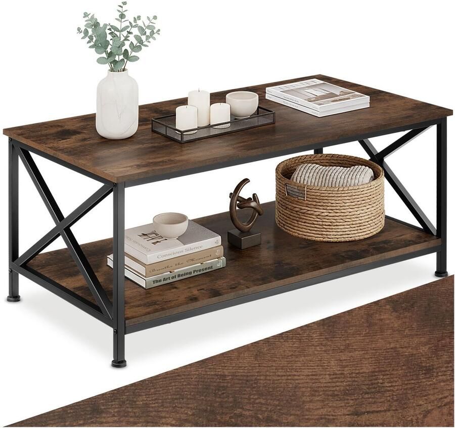 Tectake Salontafel van Hout en Metaal Woonkamertafel in Industrieel Design Afmetingen 100 x 55 x 45 5 cm Salontafel met 2 Planken in Houtlook en Zwart Metalen Frame (Industrieel Donkerbruin) - Foto 2