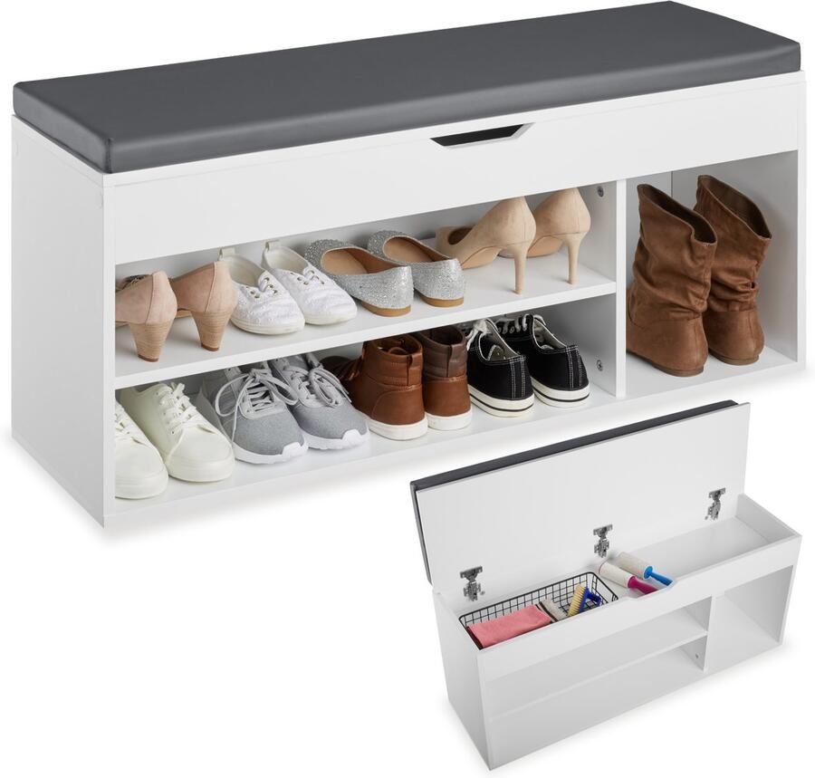 Tectake Schoenenbank met zitje 3 open vakken en een opklapbaar vak met zitkussen Schoenenrek met opbergruimte Hout Afmeting (LxBxH) 104 x 30 x 49 cm Wit - Foto 2
