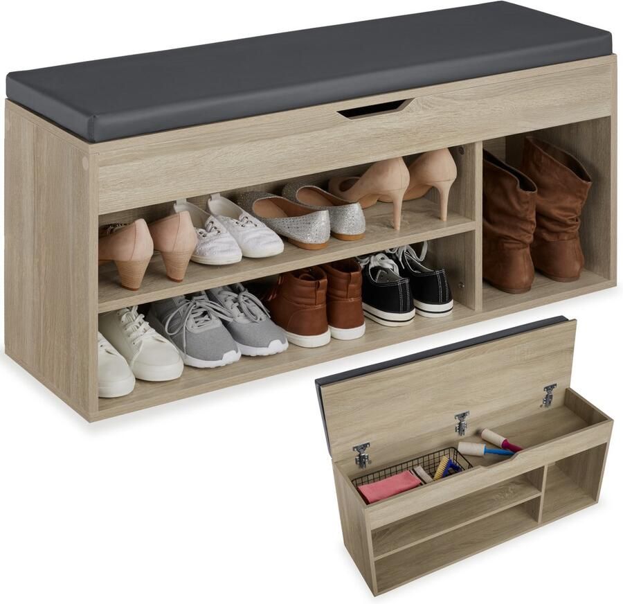 Tectake Schoenenbank met zitje 3 open vakken en een opklapbaar vak met zitkussen Schoenenrek met opbergruimte Hout Afmeting (LxBxH) 104 x 30 x 49 cm Lichtbruin