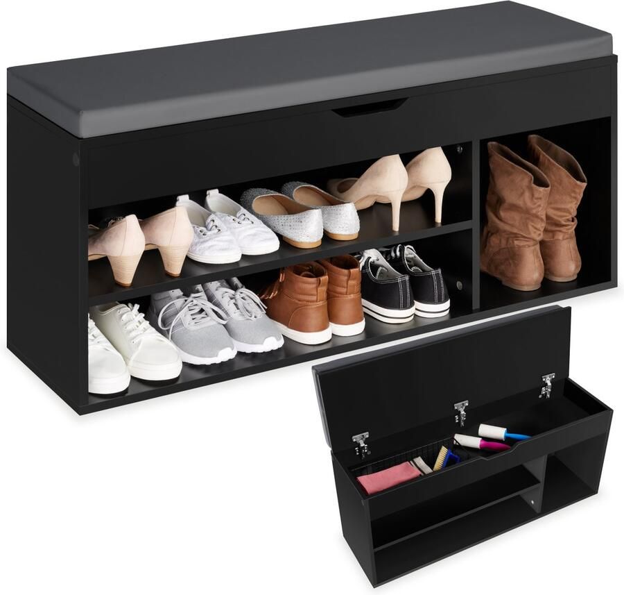 Tectake Schoenenbank met zitje 3 open vakken en een opklapbaar vak met zitkussen Schoenenrek met opbergruimte Hout Afmeting (LxBxH) 104 x 30 x 49 cm Zwart - Foto 2