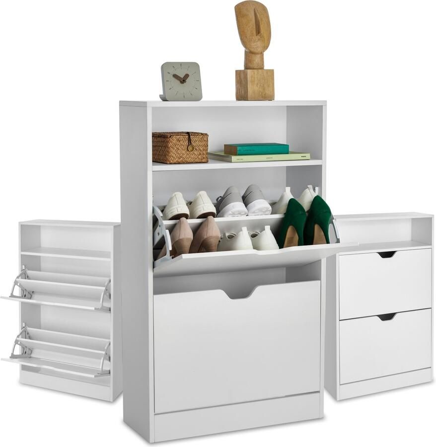 Tectake Schoenenkast met 2 Kantelvakken Ladekast Schoenenstandaard Kast voor 12 paar Schoenen Incl. open vak Aan te passen vakken