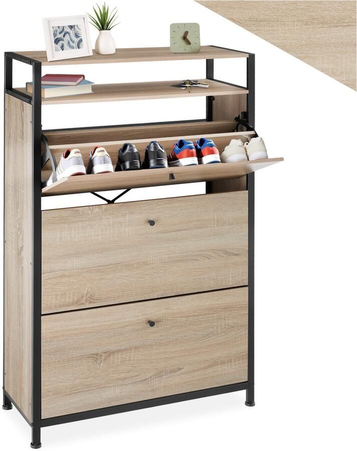 Tectake Schoenenkast met 3 vakken Houten schoenenrek met 3 vakken Schoenenkantelaar met extra vak Industrieel design Zwart metalen frame Afmeting (LxBxH) 81 x 30 x 130 cm Lichtbruin