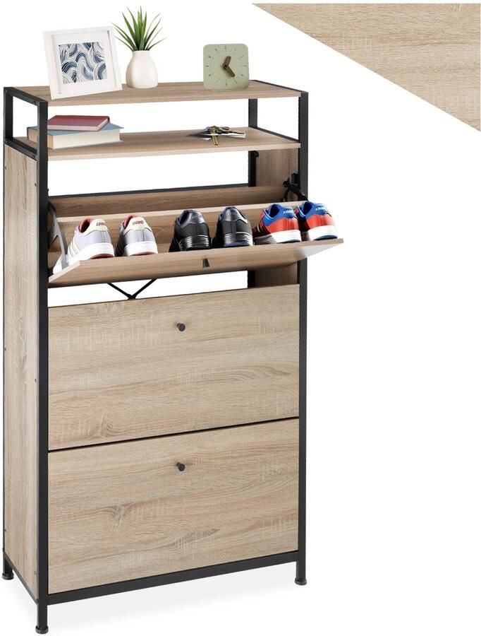 Tectake Schoenenkast met 3 vakken Houten schoenenrek met 3 vakken Schoenenkantelaar met extra vak Industrieel design Zwart metalen frame Afmeting (LxBxH) 61 x 30 x 130 cm Lichtbruin - Foto 2