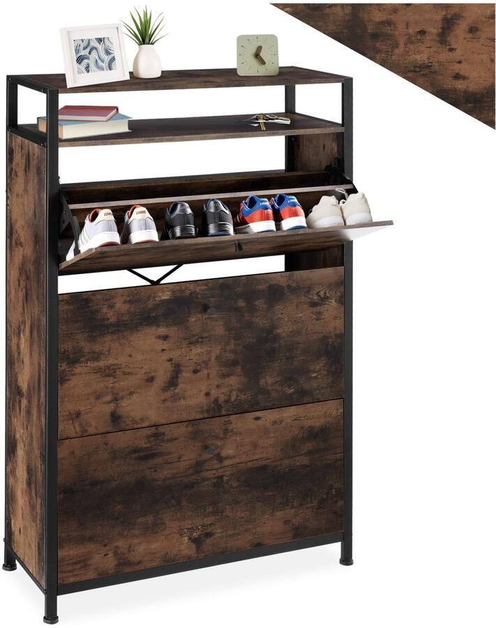 Tectake Schoenenkast met 3 vakken Houten schoenenrek met 3 vakken Schoenenkantelaar met extra vak Industrieel design Zwart metalen frame Afmeting (LxBxH) 81 x 30 x 130 cm Donkerbruin - Foto 2