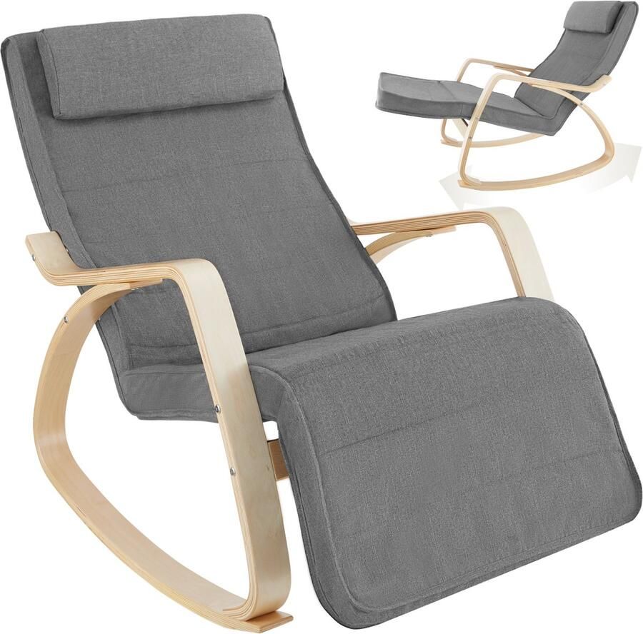 Tectake Schommelstoel met Kussen – Relaxstoel Loungestoel & Fauteuil voor de Woonkamer – Schommelstoel Voedingsstoel voor de Babykamer – Comfortabele TV-Stoel met Voetenbankje – Lichtgrijs