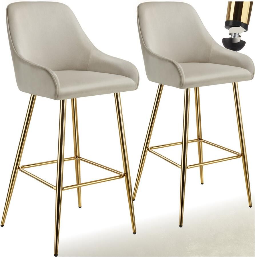 Tectake Set van 2 Barkrukken Avane Gestoffeerde Barkruk met rugleuning Barstoelen Ergonomische Barstoel met voetensteun Eetkamerstoel met fluweellook bekleding Stevige stalen poten met antislip vloerbescherming Crème Goud