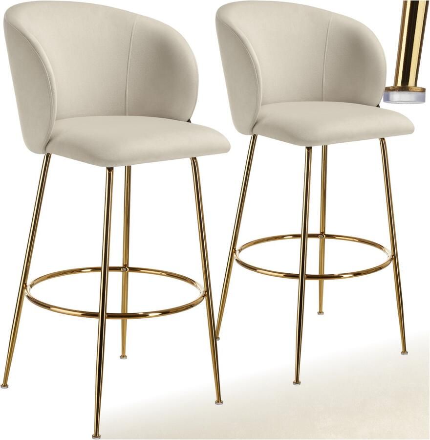 Tectake Set van 2 Barkrukken Luana Gestoffeerde Barkruk met rugleuning Barstoelen Barstoel met voetensteun Eetkamerstoel met fluwelen bekleding Stevige stalen poten met antislip vloerbescherming Crème goud