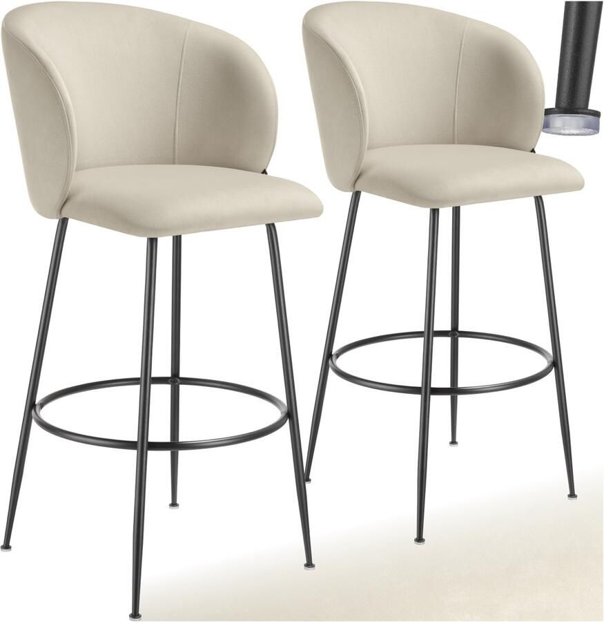 Tectake Set van 2 Barkrukken Luana Gestoffeerde Barkruk met rugleuning Barstoelen Barstoel met voetensteun Eetkamerstoel met fluwelen bekleding Stevige stalen poten met antislip vloerbescherming Crème zwart