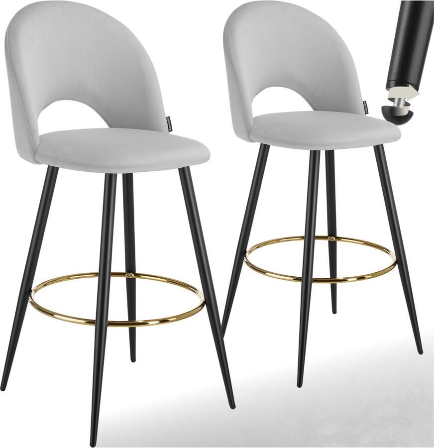 Tectake Set van 2 Barkrukken Sachel Gestoffeerde Barkruk met rugleuning Barstoelen Ergonomische Barstoel met voetensteun Eetkamerstoel met fluweellook bekleding Stevige stalen poten met antislip vloerbescherming Lichtgrijs Zwart