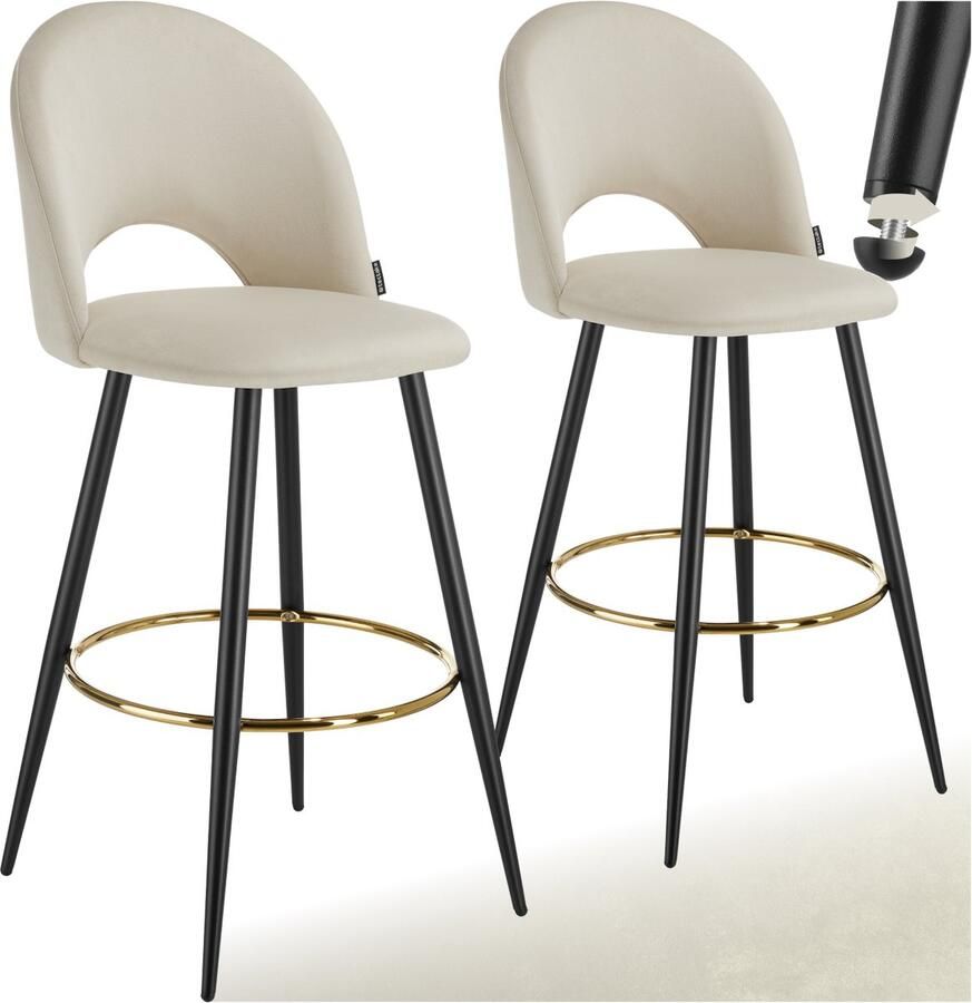 Tectake Set van 2 Barkrukken Sachel Gestoffeerde Barkruk met rugleuning Barstoelen Ergonomische Barstoel met voetensteun Eetkamerstoel met fluweellook bekleding Stevige stalen poten met antislip vloerbescherming Crème Zwart