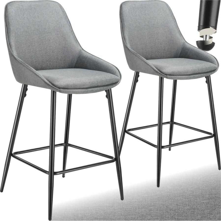 Tectake Set van 2 Barkrukken Siera Gestoffeerde Barkruk met rugleuning Barstoelen Barstoel met voetensteun Eetkamerstoel met stoffen bekleding en zachte schuimvulling Stevige stalen poten met antislip vloerbescherming Grijs Zwart