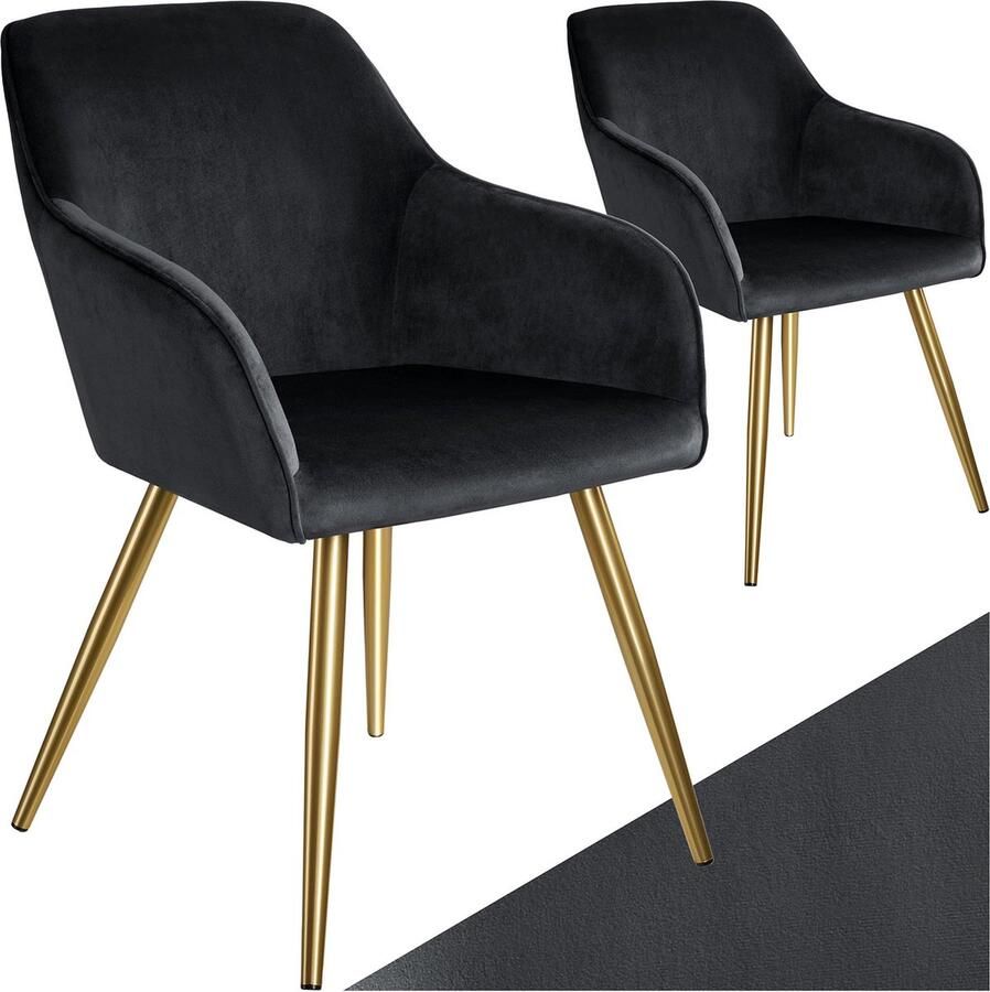 Tectake Eetkamerstoel Marilyn Set van 2 Met Armleuningen Elegante Stoel met Gevoerde Zitting in Fluweellook Gestoffeerd Gouden metalen poten Ergonomische Keukenstoel Stoel voor Woonkamer Eetkamer en Slaapkamer Zwart - Foto 2