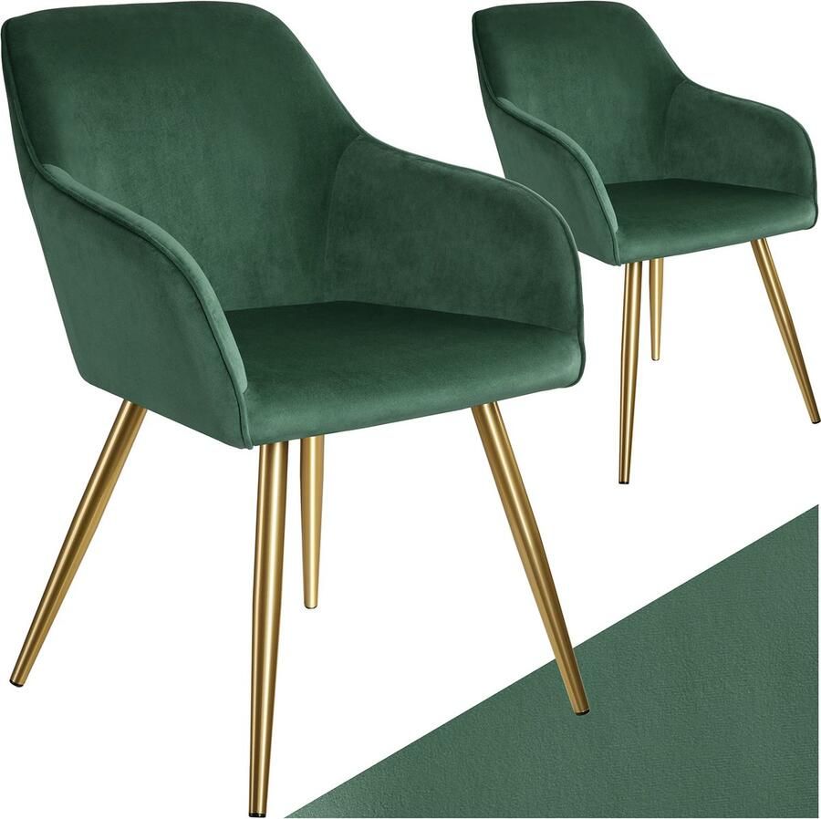 Tectake Eetkamerstoel Marilyn Set van 2 Met Armleuningen Elegante Stoel met Gevoerde Zitting in Fluweellook Gestoffeerd Gouden metalen poten Ergonomische Keukenstoel Stoel voor Woonkamer Eetkamer en Slaapkamer Donkergroen - Foto 3