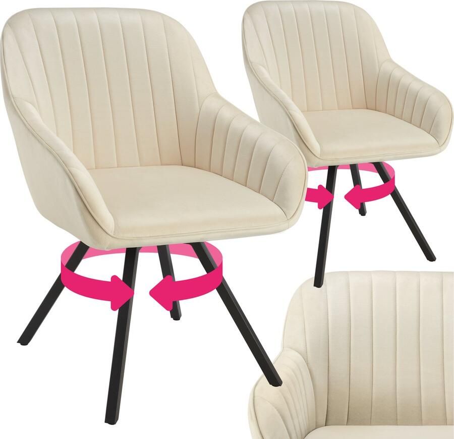 Tectake Draaibare eetkamerstoel met armleuningen Ergonomische kuipstoel met fluwelen bekleding Gewatteerd Draaistoel voor woonkamer eettafel studeerkamer kaptafel en keuken Set van 2 Crème
