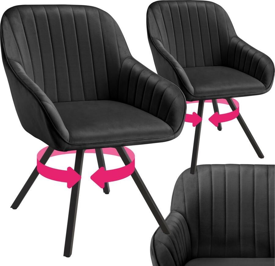 Tectake Draaibare eetkamerstoel met armleuningen Ergonomische kuipstoel met fluwelen bekleding Gewatteerd Draaistoel voor woonkamer eettafel studeerkamer kaptafel en keuken Set van 2 Zwart