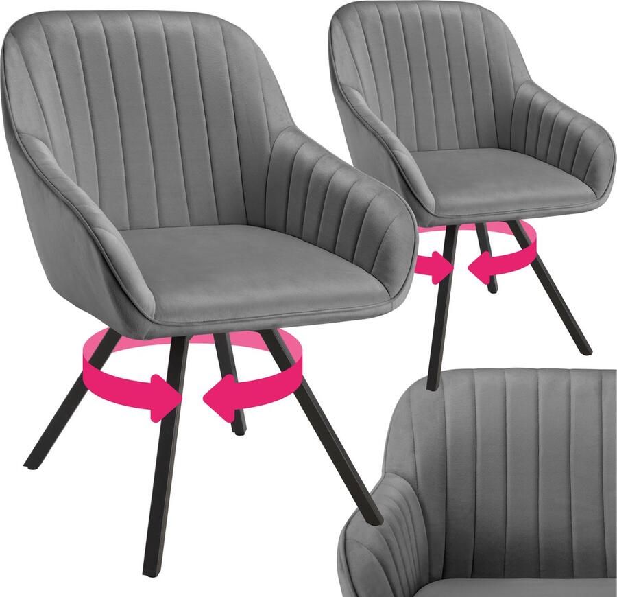 Tectake Draaibare eetkamerstoel met armleuningen Ergonomische kuipstoel met fluwelen bekleding Gewatteerd Draaistoel voor woonkamer eettafel studeerkamer kaptafel en keuken Set van 2 Grijs