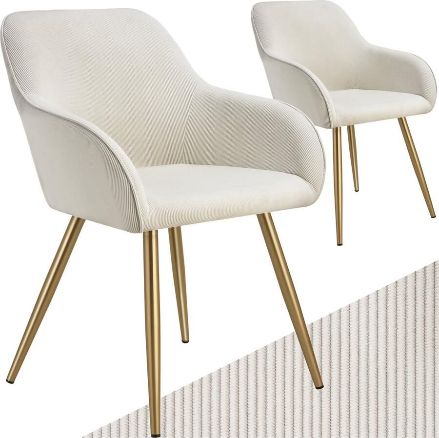Tectake Eetkamerstoelen Marilyn Set van 2 Gestoffeerde Stoelen met Koordlook ribstof Gouden Stoelpoten Ergonomische Keukenstoel Stoel voor Eetkamer Woonkamer Slaapkamer Creme - Foto 2