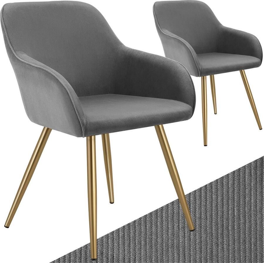 Tectake Stoel Gestoffeerde woonkamerstoel met cordlook ribstof Designstoel loungestoel Draagvermogen tot 120kg Set van 2 Div kleuren grijs goud - Foto 2