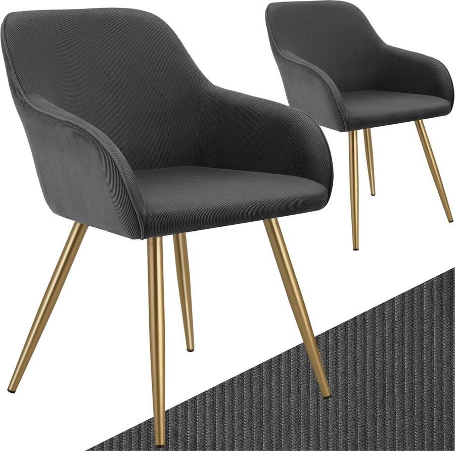 Tectake Eetkamerstoelen Marilyn Set van 2 Gestoffeerde Stoelen met Koordlook ribstof Gouden Stoelpoten Ergonomische Keukenstoel Stoel voor Eetkamer Woonkamer Slaapkamer Antraciet