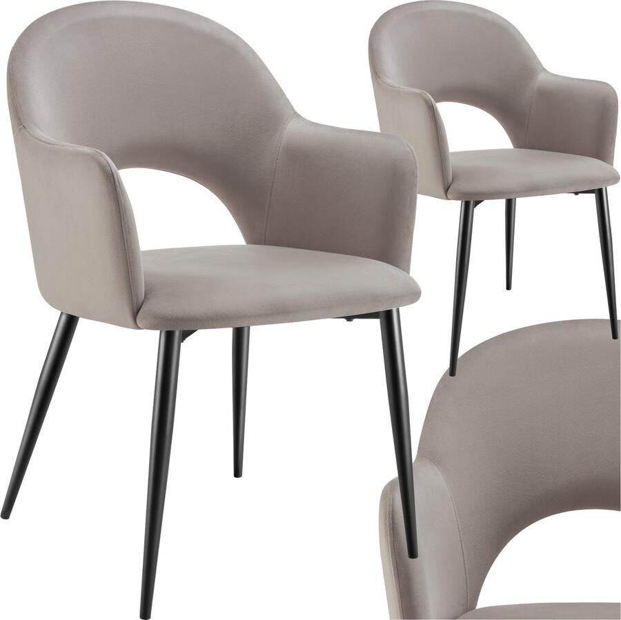 Tectake Set van 2 Eetkamerstoelen Sachel Fluweellook Gestoffeerde Fauteuils Keukenstoel Ergonomische Stoelen voor Woonkamer en Keuken Eetkamerstoel met Armleuning 120 kg Draagkracht per Stoel Taupe - Foto 2