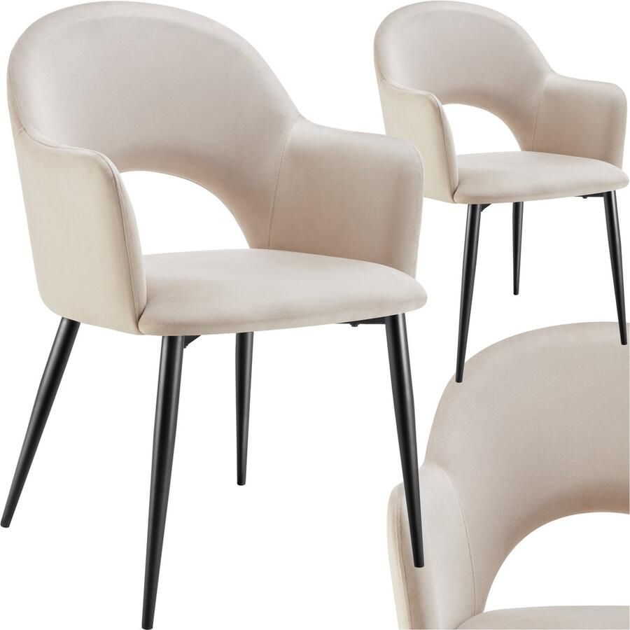 Tectake Set van 2 Eetkamerstoelen Sachel Fluweellook Gestoffeerde Fauteuils Keukenstoel Ergonomische Stoelen voor Woonkamer en Keuken Eetkamerstoel met Armleuning 120 kg Draagkracht per Stoel Creme - Foto 2