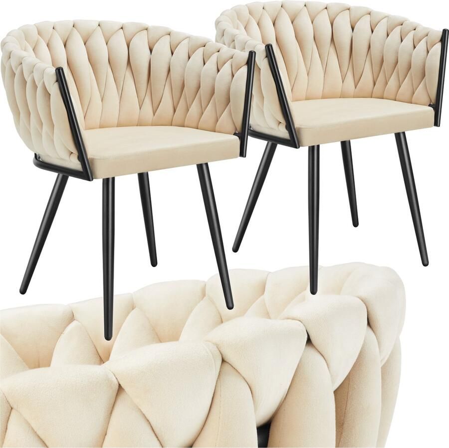 Tectake Set van 2 Fluwelen eetkamerstoelen Kuipstoel met armleuning in knooplook Eetkamerstoel Moderne eetkamerstoel voor woonkamer en eetkamer Keukenstoel Kaptafelstoel Slaapkamerstoel kleuren Zandkleur