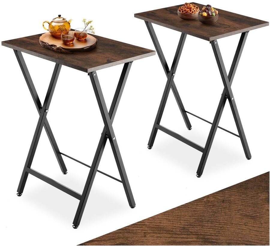 Tectake Set van 2 Opklapbare Bijzettafels – Houten Dienbladtafel in Industrieel Design 48x36x66 5 cm Tv-Tafel voor Kleine Ruimtes Vintage Salontafel Zwart Metalen Frame – Industrial Dark Brown