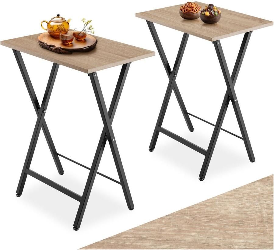 Tectake Set van 2 Opklapbare Bijzettafels – Houten Dienbladtafel in Industrieel Design 48x36x66 5 cm Tv-Tafel voor Kleine Ruimtes Vintage Salontafel Zwart Metalen Frame – Lichtbruin