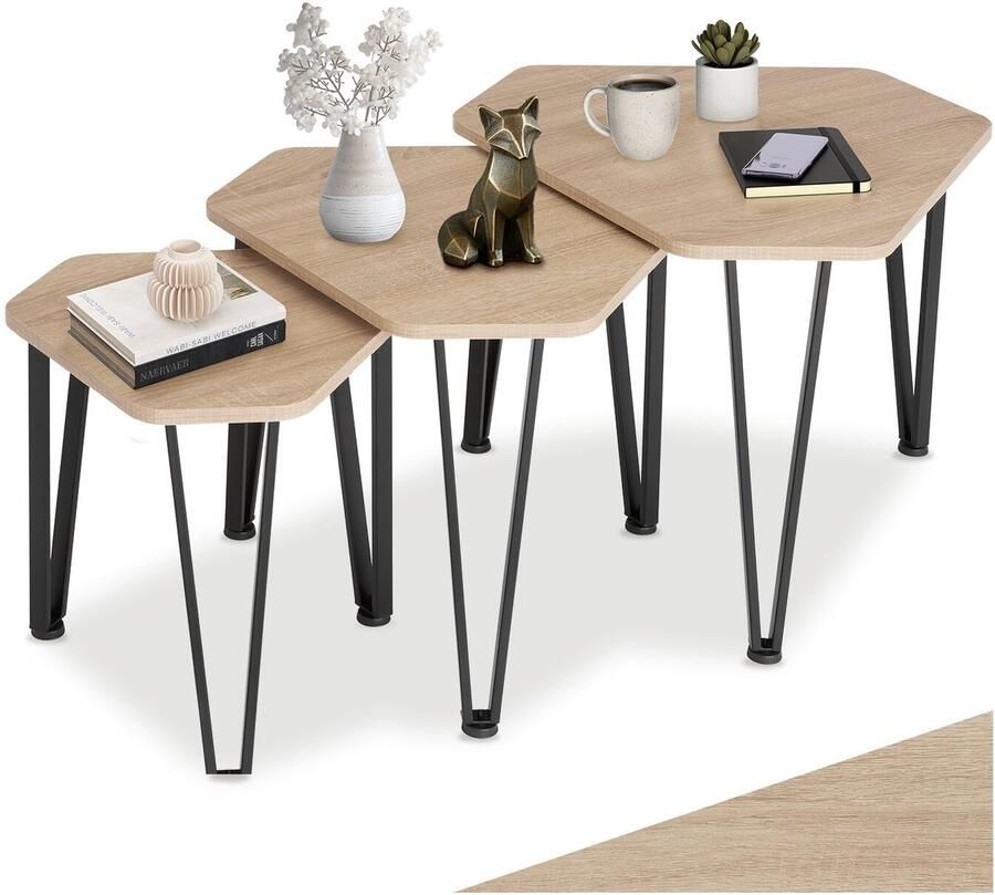 Tectake Set van 3 Bijzettafels – Zeshoekige Salontafel in 3 Maten Industriële Stijl Houten Bijzettafels Ruimtebesparend Stapelbaar Zwart Metalen Frame – Licht Sonoma Eiken
