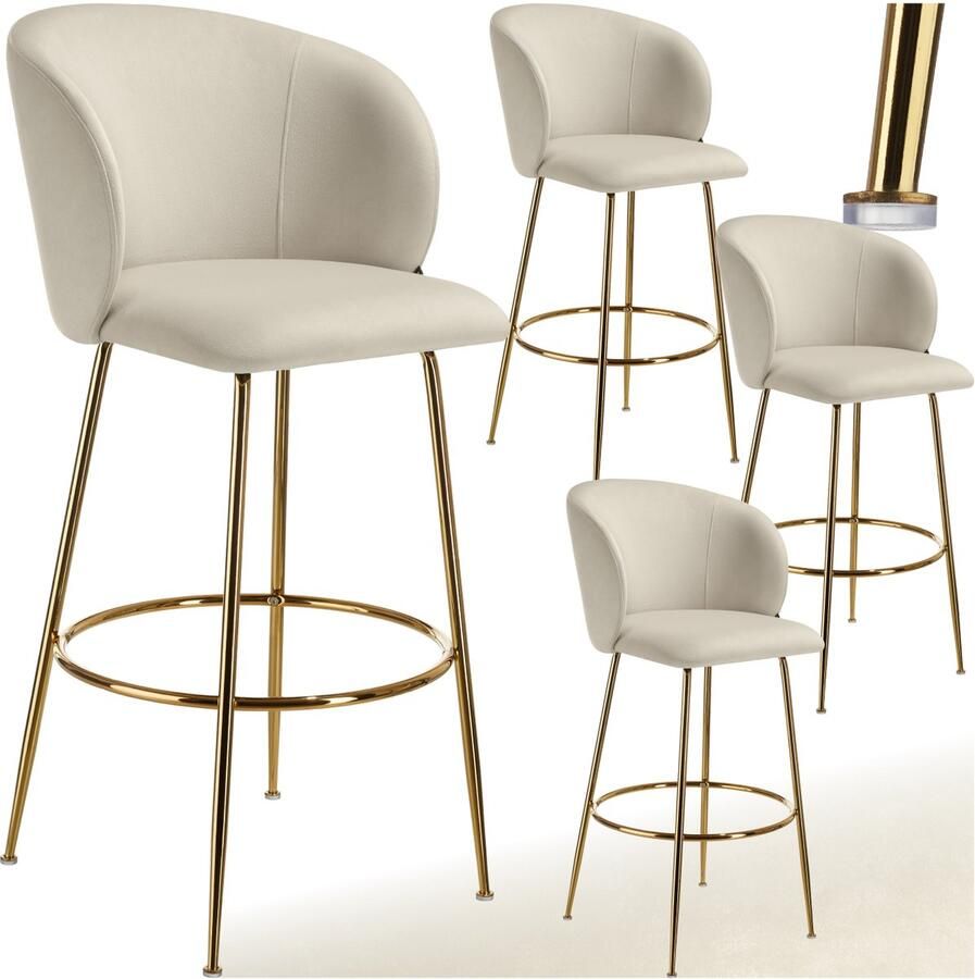 Tectake Set van 4 Barkrukken Luana Gestoffeerde Barkruk met rugleuning Barstoelen Barstoel met voetensteun Eetkamerstoel met fluwelen bekleding Stevige stalen poten met antislip vloerbescherming Crème goud