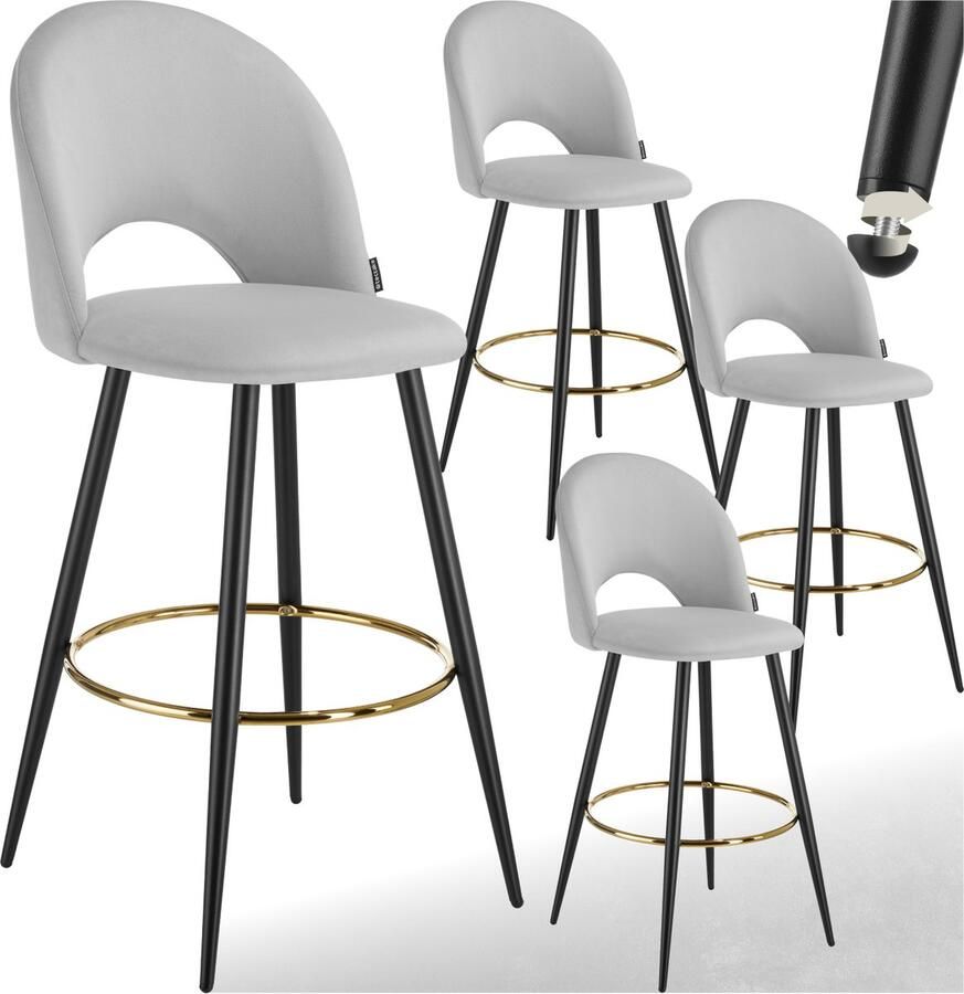 Tectake Set van 4 Barkrukken Sachel Gestoffeerde Barkruk met rugleuning Barstoelen Ergonomische Barstoel met voetensteun Eetkamerstoel met fluweellook bekleding Stevige stalen poten met antislip vloerbescherming Lichtgrijs Zwart