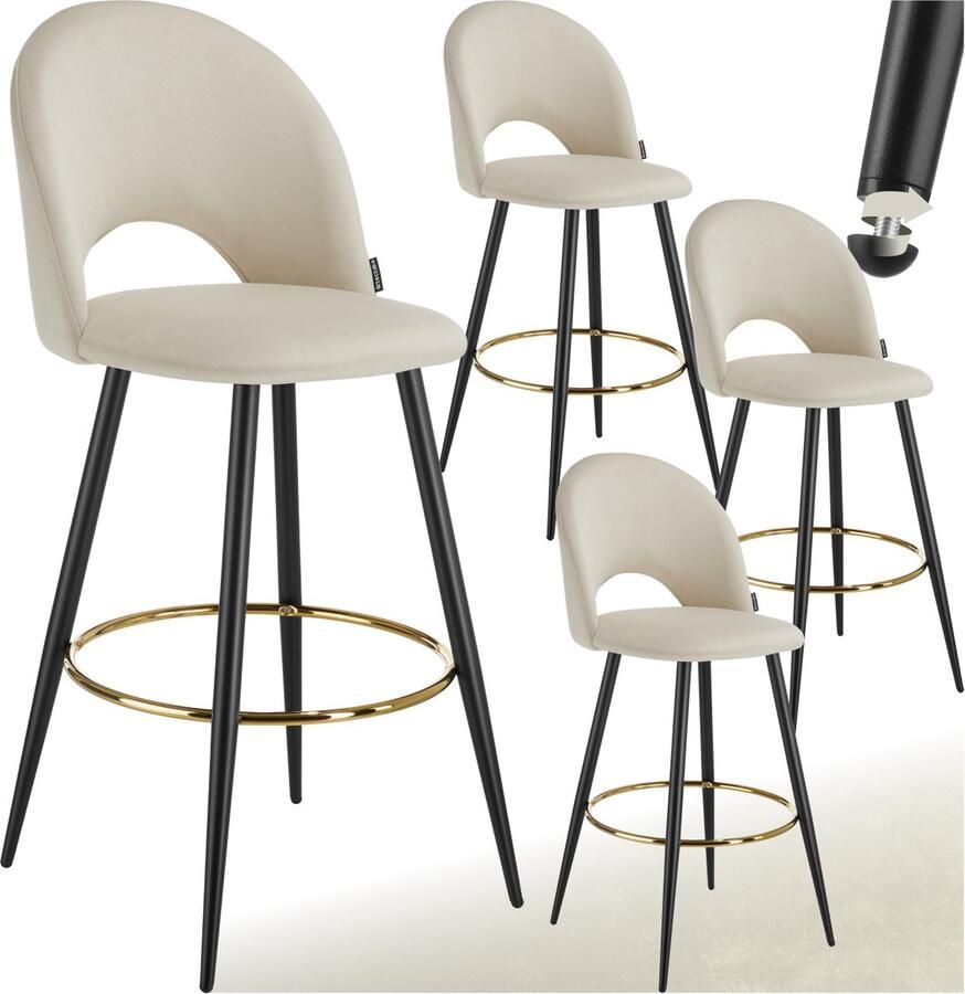 Tectake Set van 4 Barkrukken Sachel Gestoffeerde Barkruk met rugleuning Barstoelen Ergonomische Barstoel met voetensteun Eetkamerstoel met fluweellook bekleding Stevige stalen poten met antislip vloerbescherming Crème Zwart