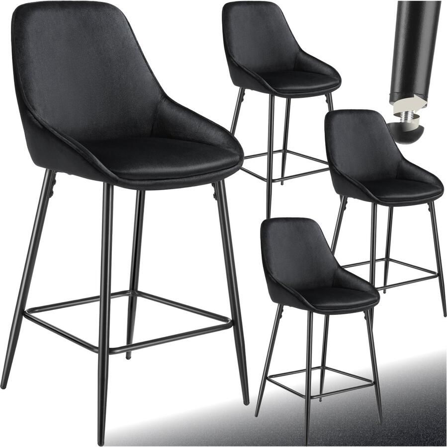 Tectake Set van 4 Barkrukken Siera Gestoffeerde Barkruk met rugleuning Barstoelen Barstoel met voetensteun Eetkamerstoel met fluweellook bekleding en zachte schuimvulling Stevige stalen poten met antislip vloerbescherming Zwart