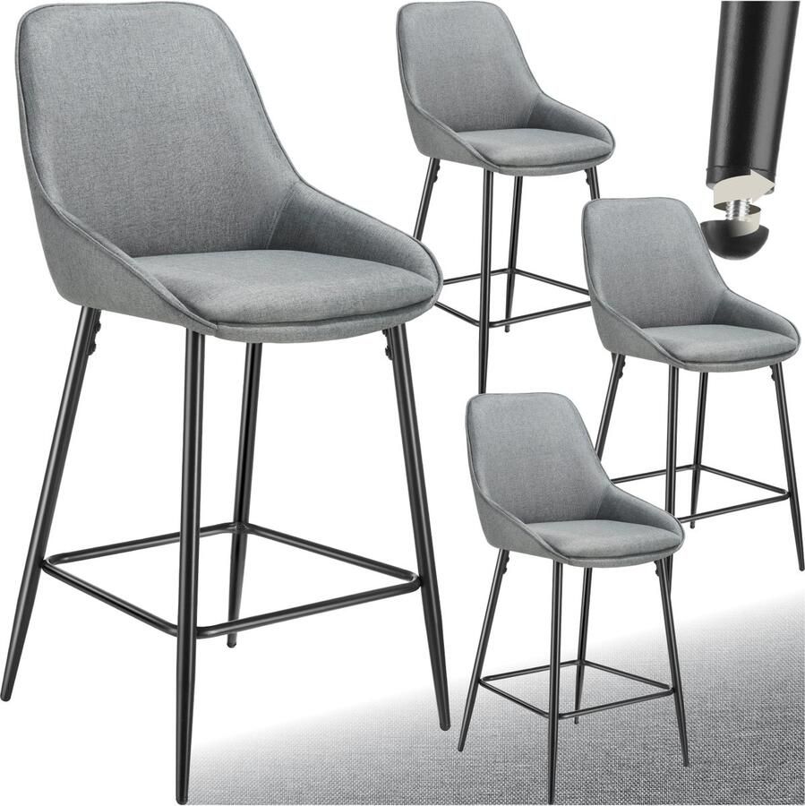 Tectake Set van 4 Barkrukken Siera Gestoffeerde Barkruk met rugleuning Barstoelen Barstoel met voetensteun Eetkamerstoel met stoffen bekleding en zachte schuimvulling Stevige stalen poten met antislip vloerbescherming Grijs Zwart