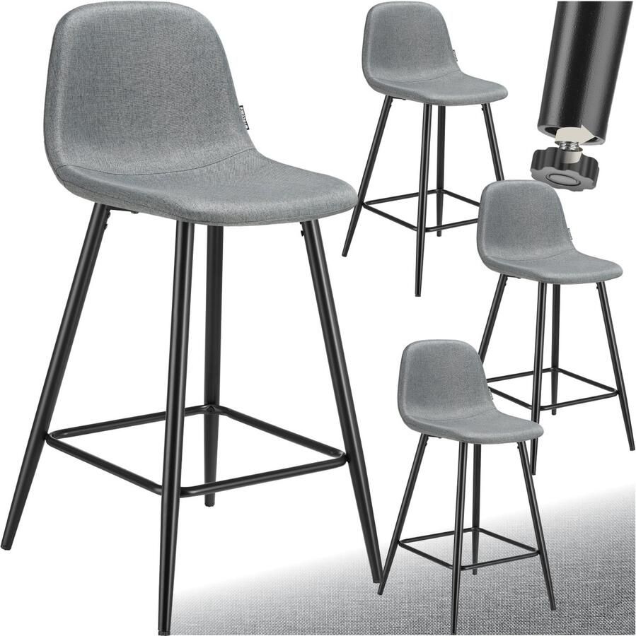 Tectake Set van 4 Barkrukken Willow Gestoffeerde Barkruk met rugleuning Barstoelen Ergonomische Barstoel met voetensteun Eetkamerstoel met geweven stoffen bekleding Stevige stalen poten met antislip vloerbescherming Donkergrijs Zwart