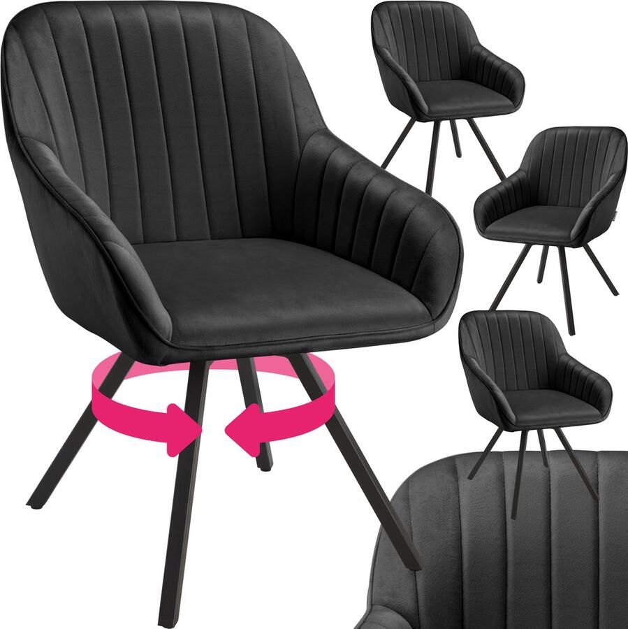 Tectake Draaibare eetkamerstoel met armleuningen Ergonomische kuipstoel met fluwelen bekleding Gewatteerd Draaistoel voor woonkamer eettafel studeerkamer kaptafel en keuken Set van 4 Zwart - Foto 2